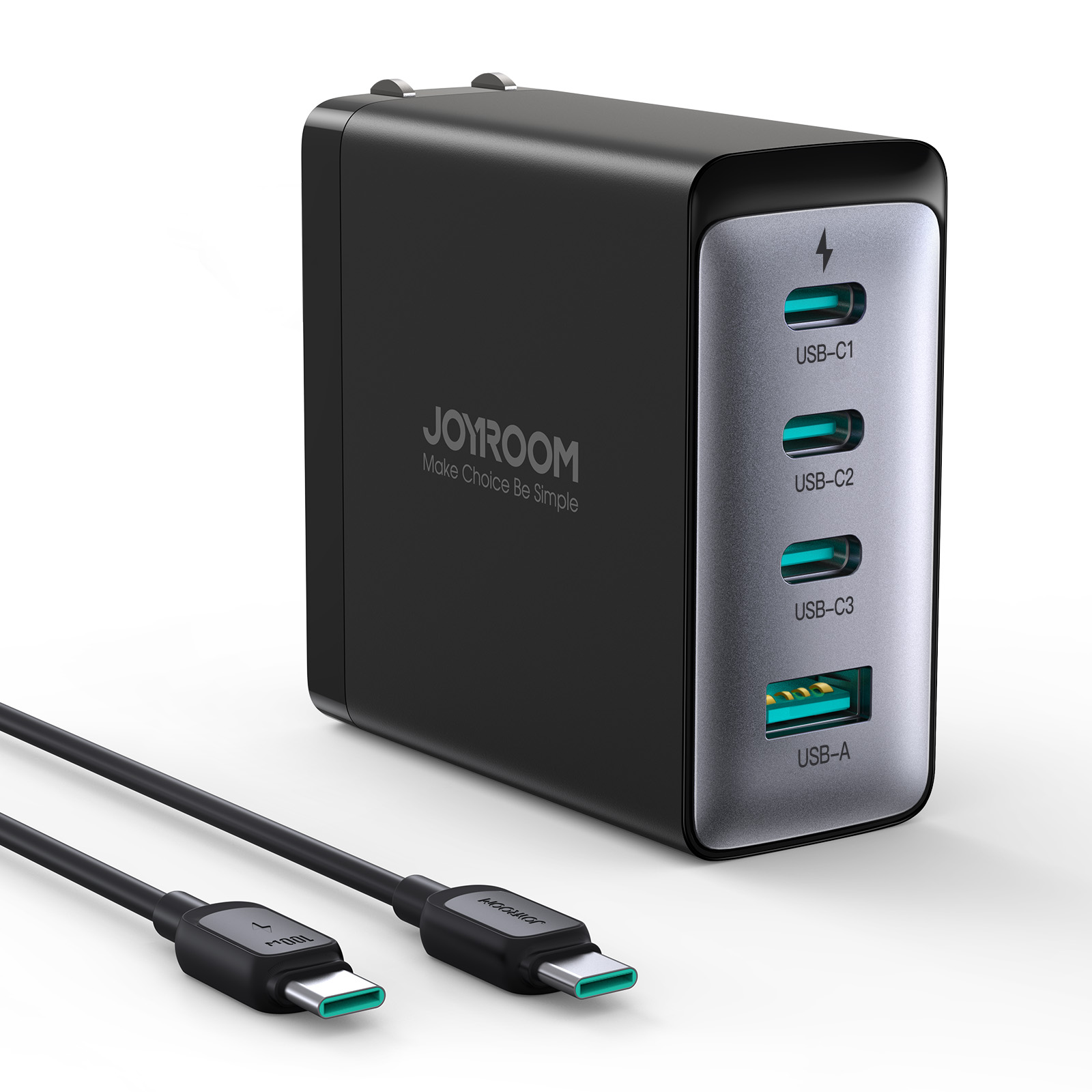 JOYROOM 100W GaN 3C1A 急速充電器 TCG04 ― USB-Cケーブル付きのPD対応4ポートACアダプター