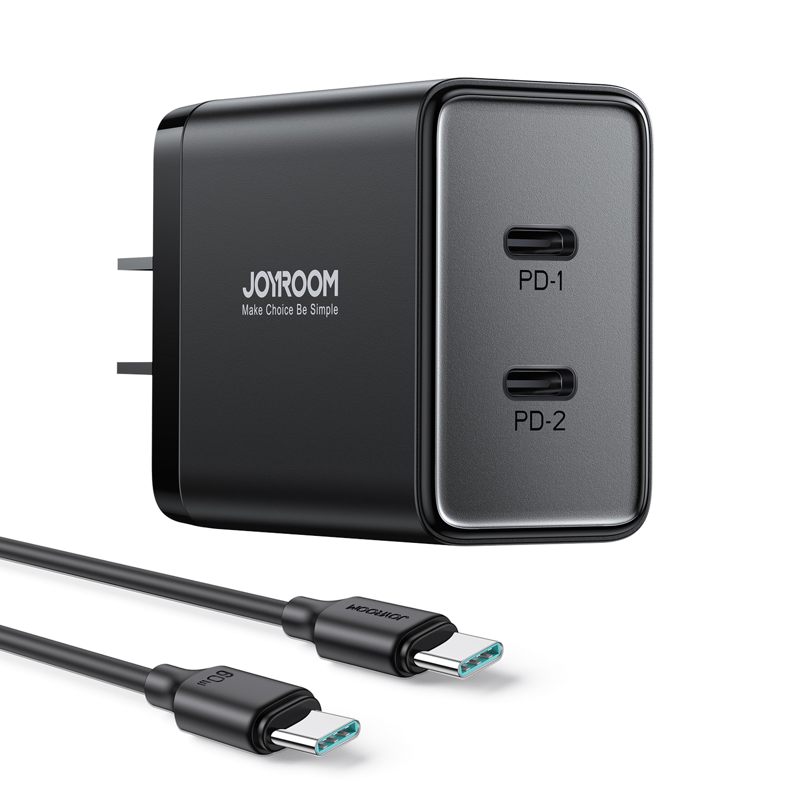 JOYROOM 40W 2C デュアルポート急速充電器 TCF09 ― USB-Cケーブル付きの2ポートPD対応ACアダプター