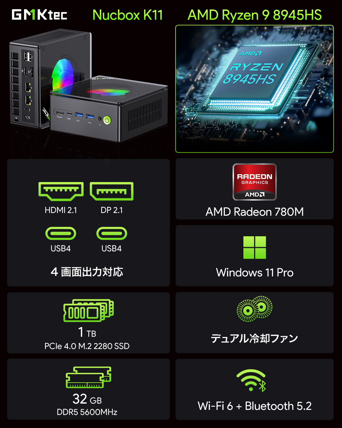 GMKtec(ジーエムケーテック) NucBox K11 [AMD Ryzen 9 8945HS/ RAM:32GB/ SSD:1TB/ Windows 11 Pro]