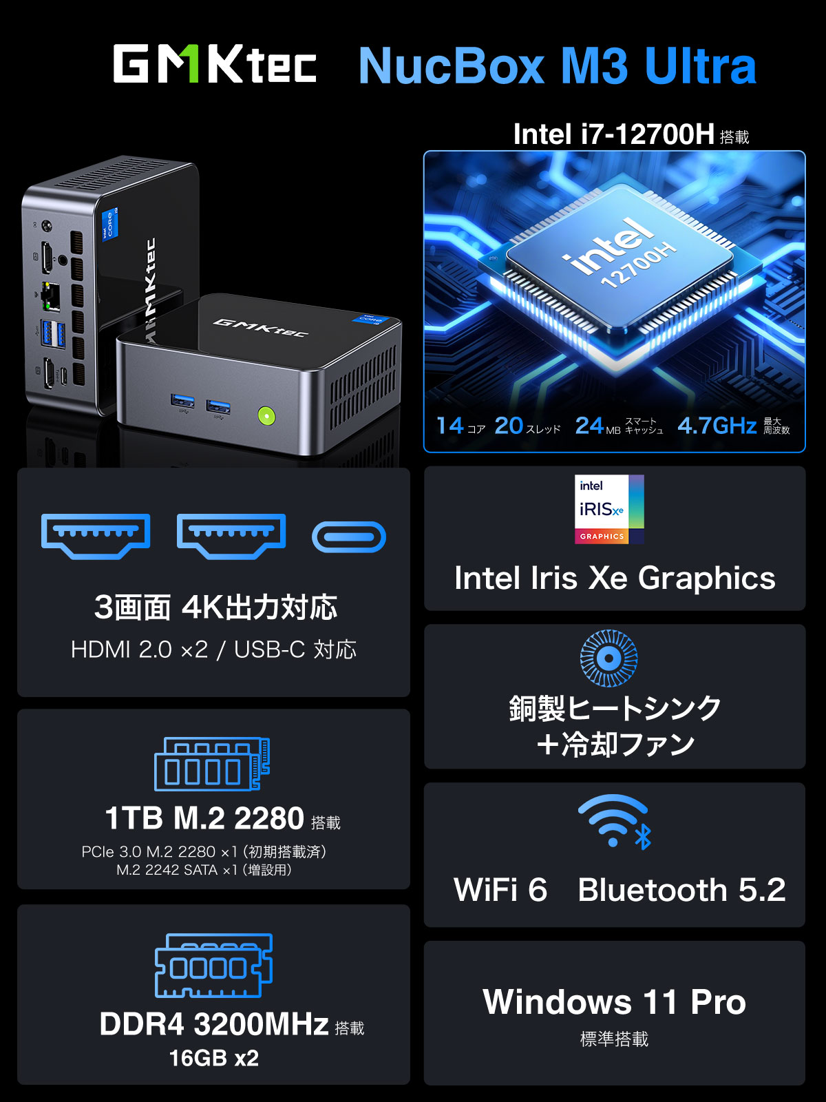 【訳あり品】【箱破損】GMKtec  メモリ32GB ストレージ1TB 小型デスクトップパソコン NucBox G3 Plus GMK-M3 ULTRA-32/1T-W11PRO(12700H)