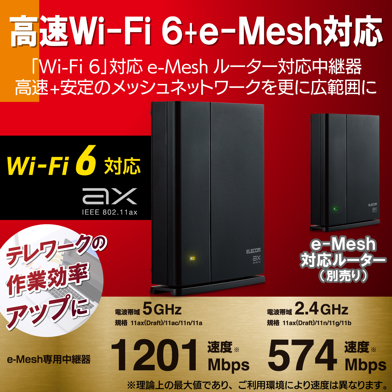 ELECOM Wi-Fi 6中継機 WSC-X1800GS-B 無線LAN（Wi-Fi） 1201+574Mbps
