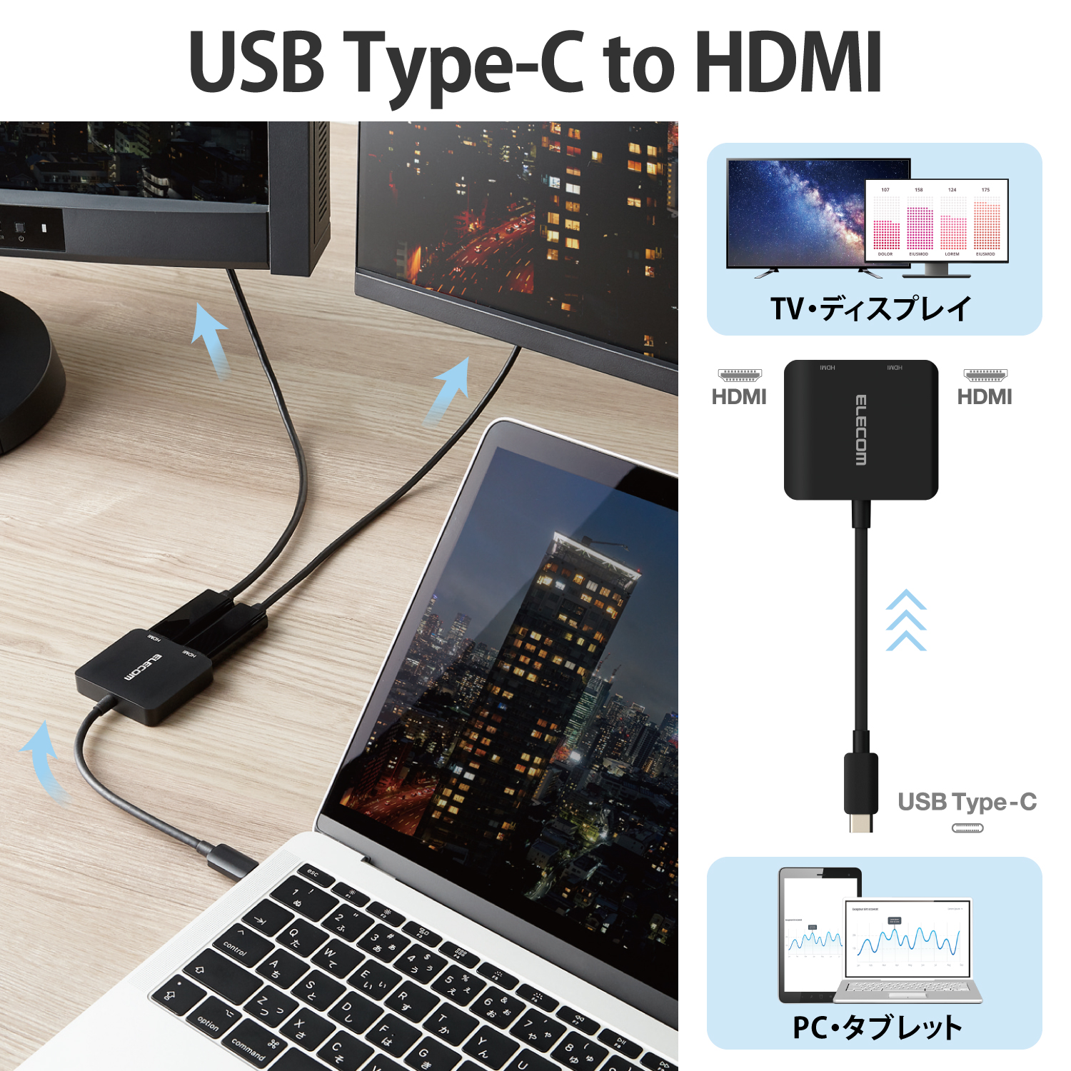 ELECOM Type-C変換アダプター HDMI 2ポート 複製/拡張 (最大3画面) AD