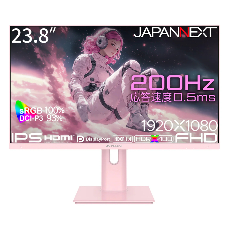 【ピンクモデル】JAPANNEXT 23.8インチ ゲーミングモニター 200Hz 0.5ms FHD 1920x1080 IPSパネル (HDMI/DisplayPort/VESA対応/高さ調節/回転(ピボット)機能/ブルーライトカット / 視野角178°) JN-IPS238G200F-HSP-PK