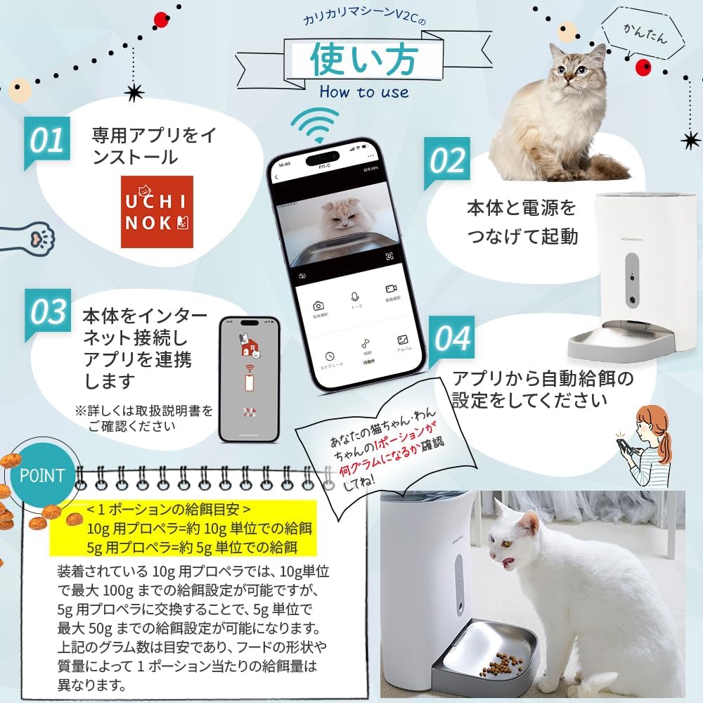 【EarlySummerセール】アクセスライン うちのこエレクトリック カリカリマシーン V2C ペット用（猫 犬）自動給餌器 スマホ連動タイプ  カメラ付き スマホ操作 自動餌やり機（F11-C）