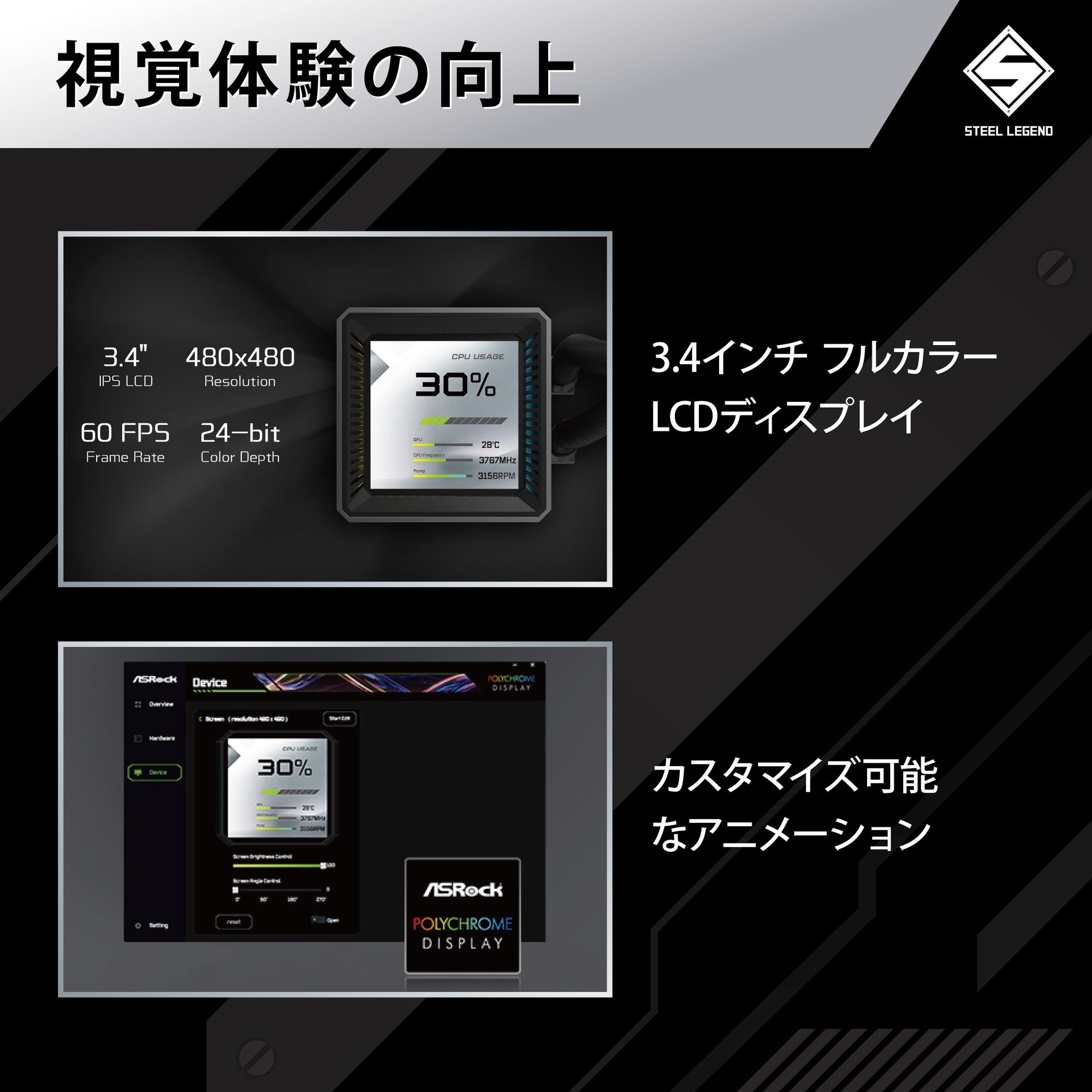 ASRock 水冷クーラー Steel Legend Dark 360 LCD 360mm ブラック 簡易水冷 3.4インチLCDディスプレイ搭載 CPU温度表示対応 LGA1700 AM5 対応