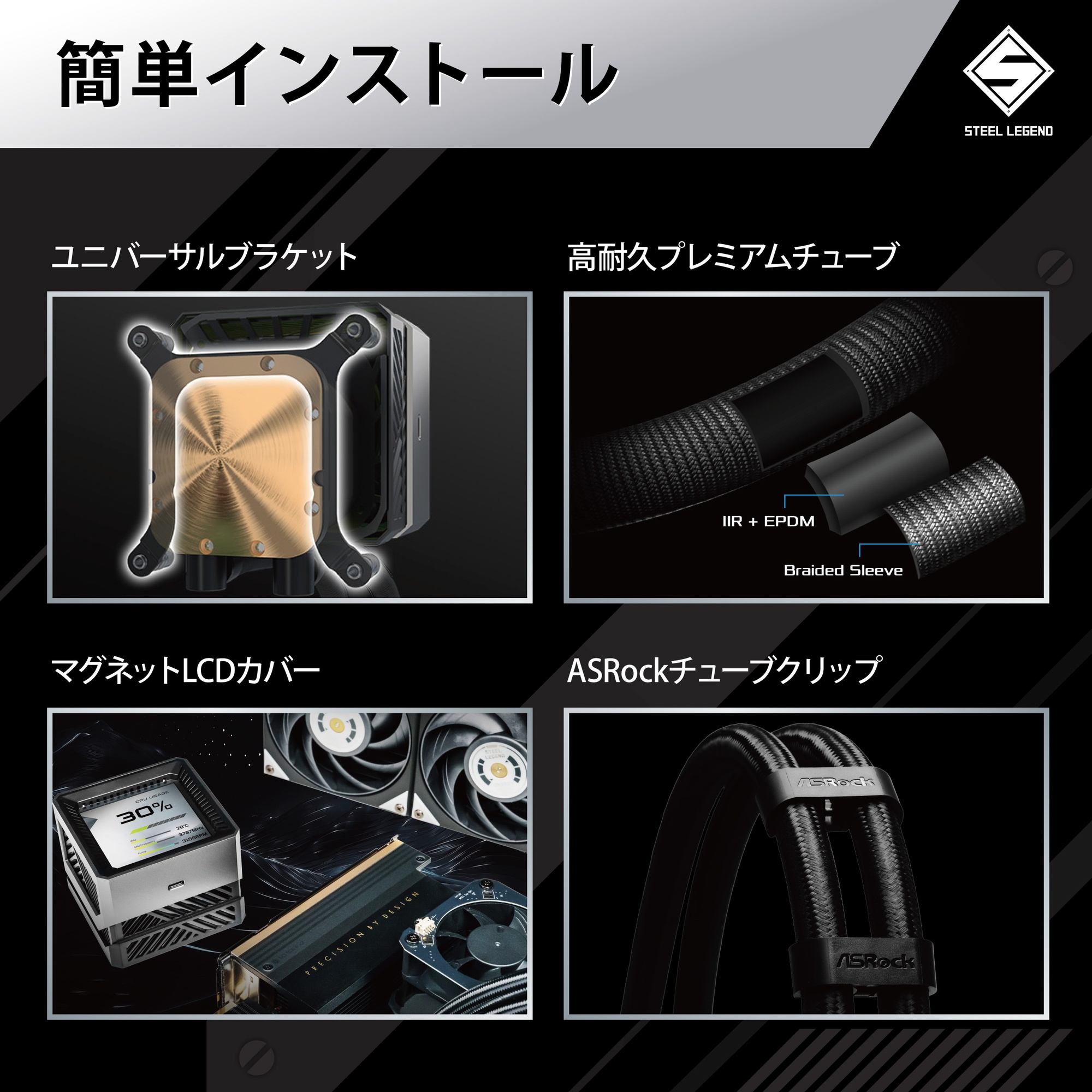 ASRock 水冷クーラー Steel Legend Dark 360 LCD 360mm ブラック 簡易水冷 3.4インチLCDディスプレイ搭載 CPU温度表示対応 LGA1700 AM5 対応