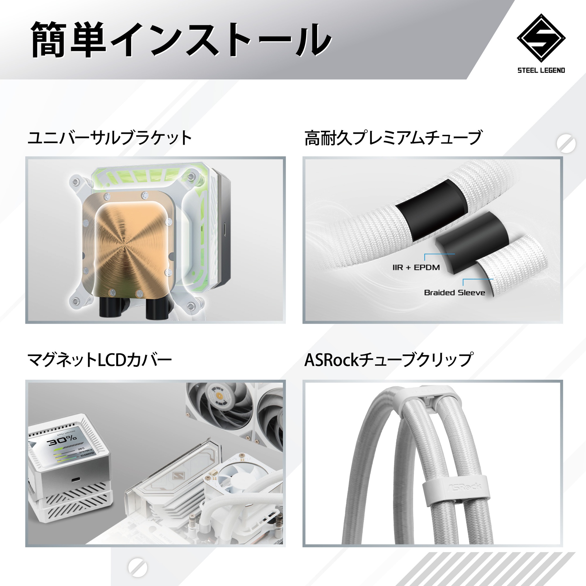 ASRock 水冷クーラー Steel Legend 360 LCD 360mm ホワイト 簡易水冷 3.4インチLCDディスプレイ搭載 CPU温度表示対応 LGA1700 AM5 対応