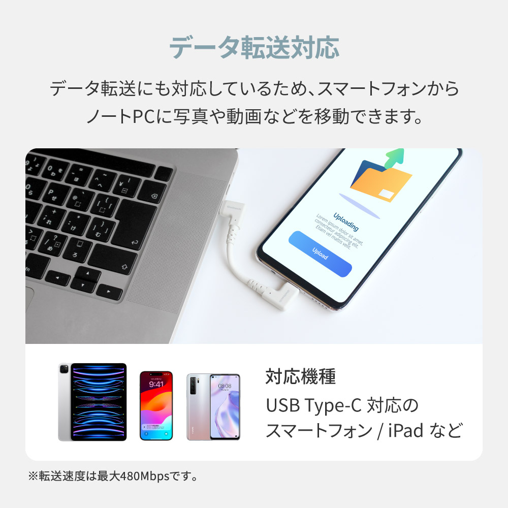 OWLTECH 超ショートで断線に強い 耐屈曲2万回以上 PD60W充電／データ転送 USB Type-C to USB Type-C L字コネクター ケーブル[OWL-CBSCC1L-GY]