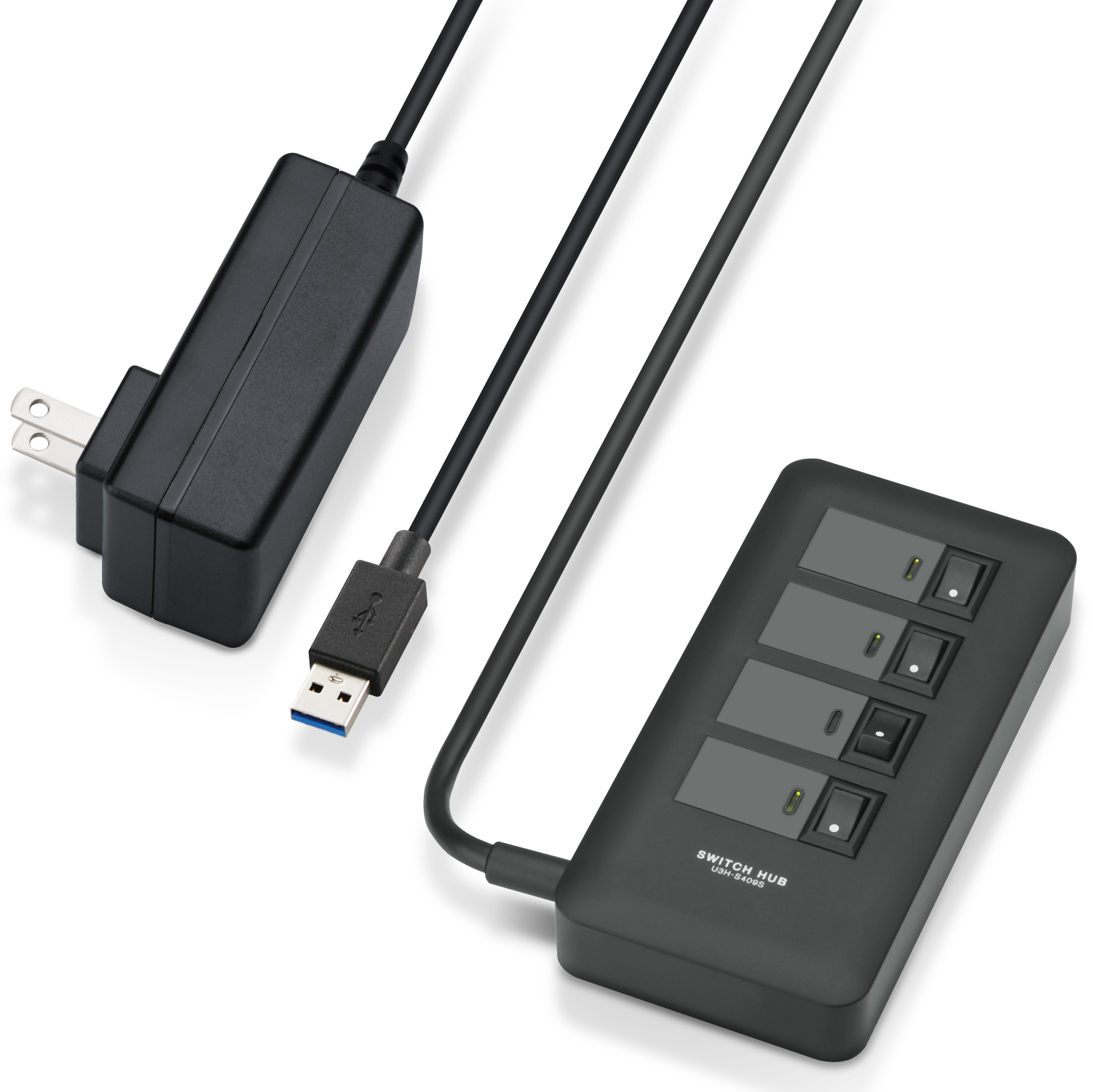 【訳あり品】【箱破損】【未開封・未使用】ELECOM USB3.0対応個別スイッチ付き4ポートUSBハブ U3H-S409SBK [ブラック]