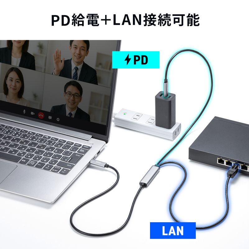 サンワサプライ 急速充電対応 USB Type-C LAN変換ケーブル（Gigabit対応・PD100W・2m）[KB-SL6CLANPD2BK]