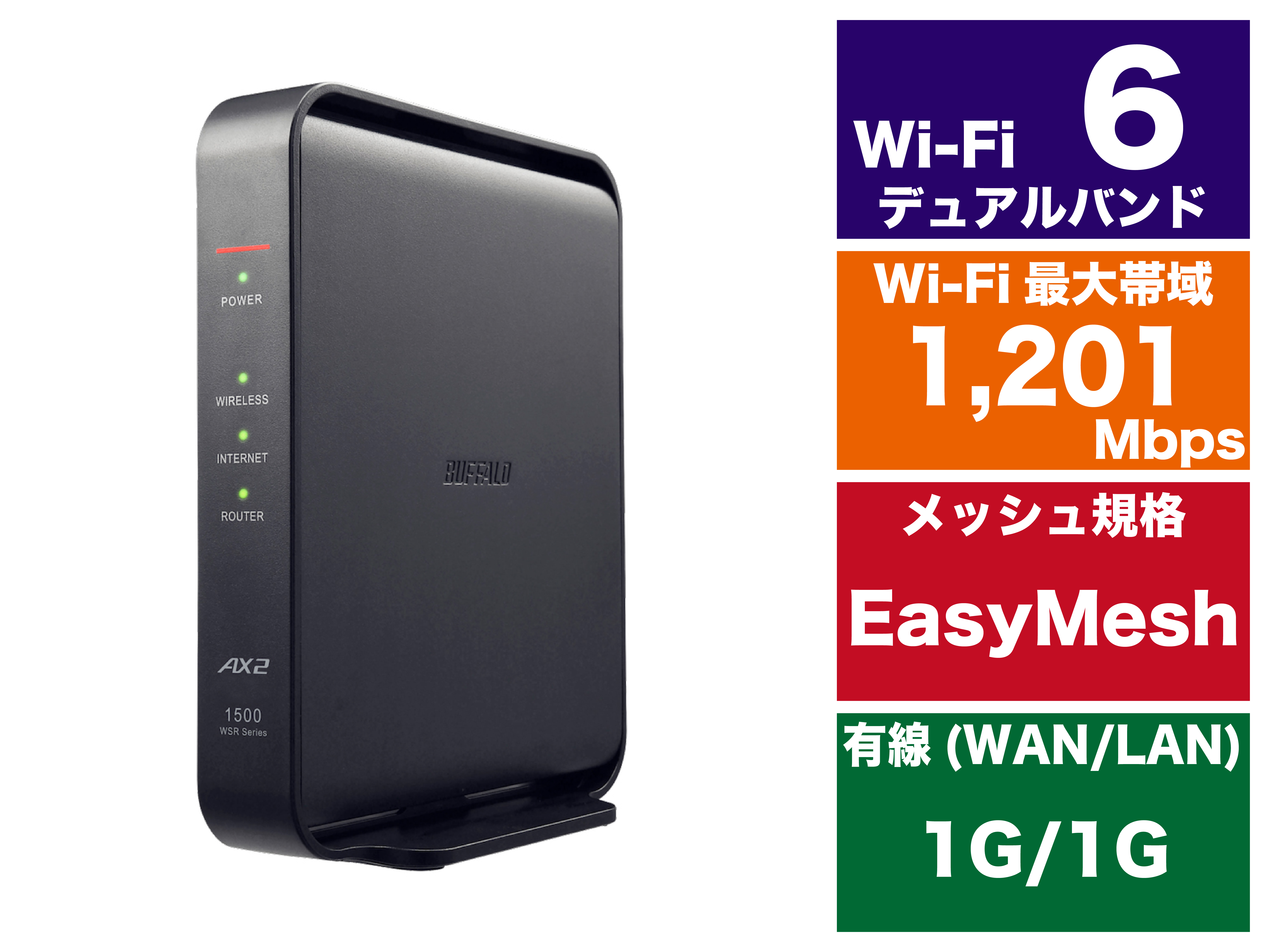 BUFFALO Wi-Fi 6(11ax)対応Wi-Fiルーター 1201+300Mbps AirStation WSR-1500AX2L [ブラック]