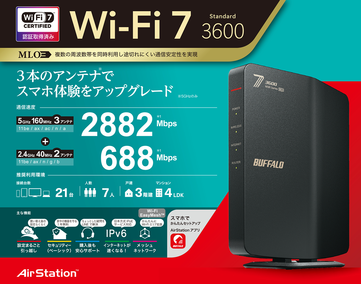 バッファロー　Wi-Fi 7(11be)対応デュアルバンドWi-Fiルーター WSR3600BE4P-BK