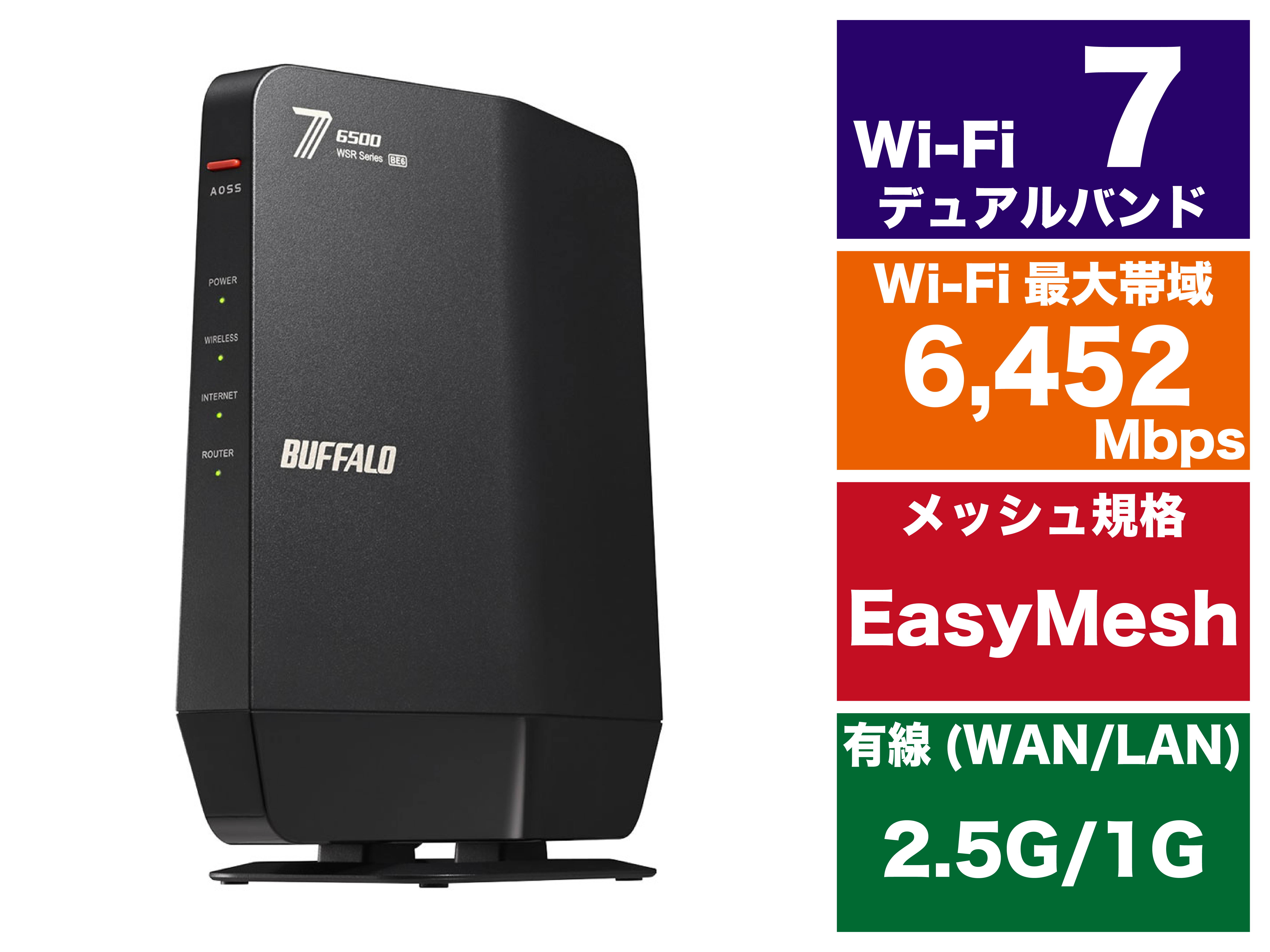 BUFFALO Wi-Fi 7(11be)対応デュアルバンドWi-Fiルーター 5764+688Mbps AirStation WSR6500BE6P-BK [ブラック]