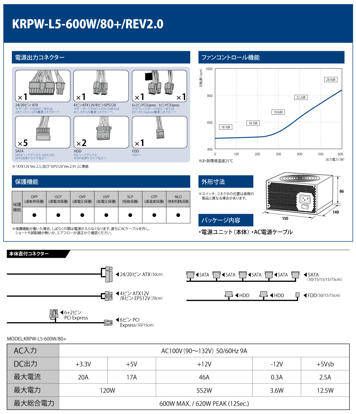 玄人志向 KRPW-L5-600W/80+/REV2.0 [ STANDARDシリーズ 80Plus 600W ATX電源 メーカー保証3年 ]