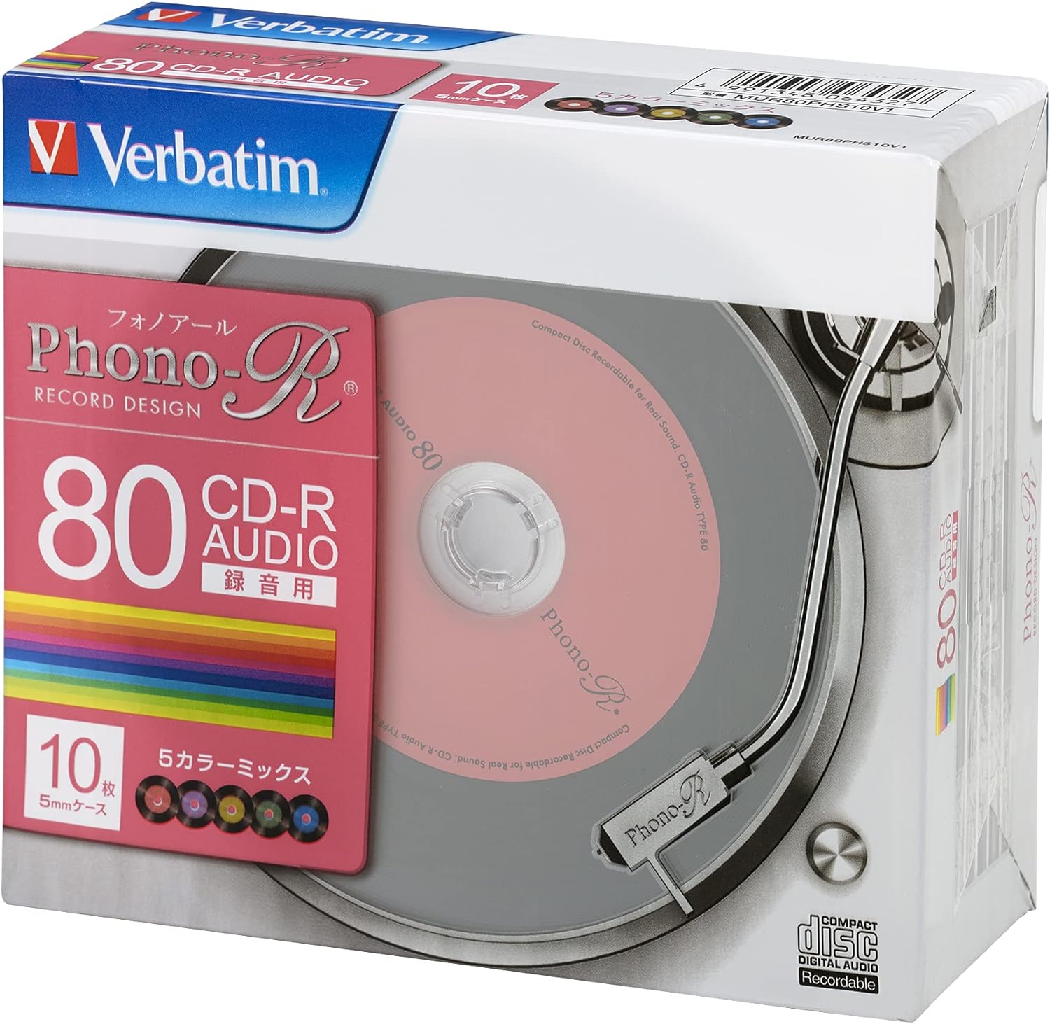 Verbatim CD-R 80分 10枚 レコード調5色カラーレーベル Phono-R 1-24倍速 MUR80PHS10V1